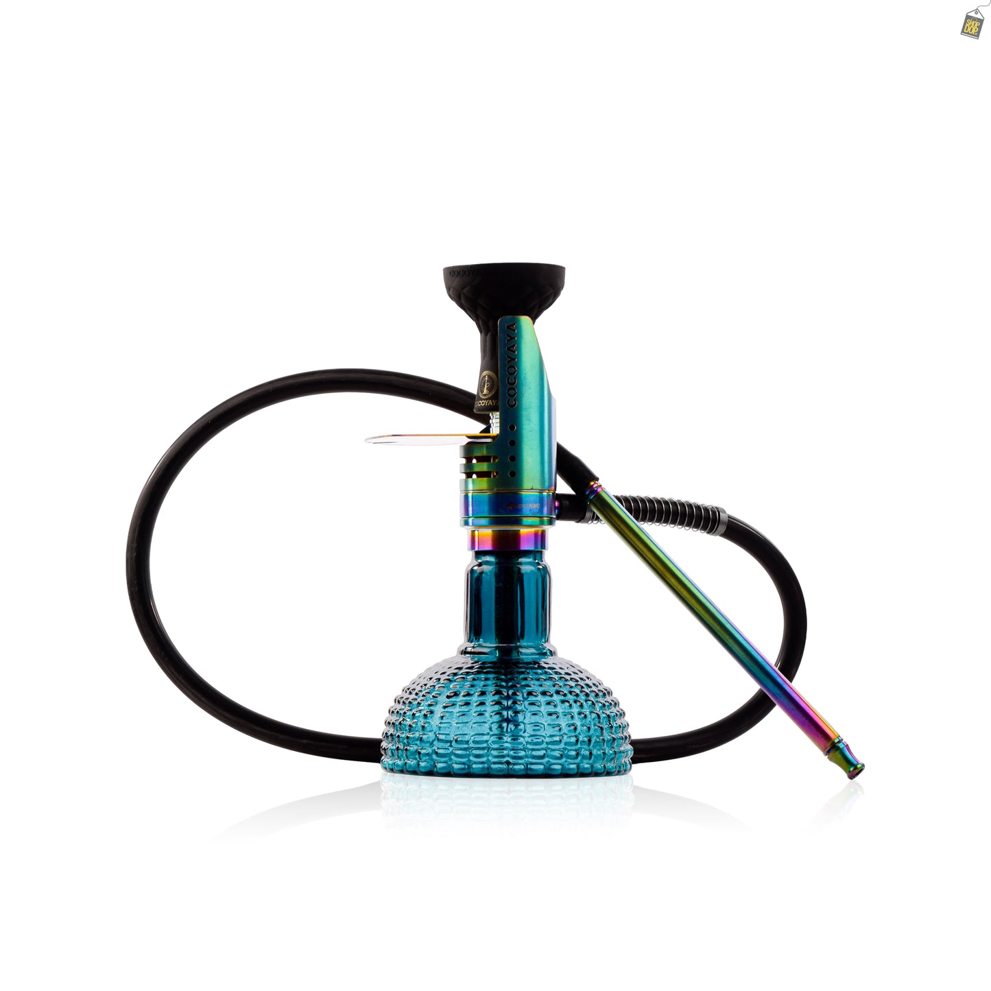 COCOYAYA Mini Ferro Hookah with Light Grey Bag - Rainbow Stem / Ocean Aura Base