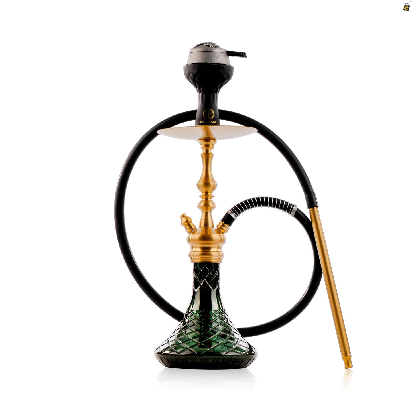 COCOYAYA Simba Hookah with Dark Grey Bag - Gold Stem / Emerald Green Base
