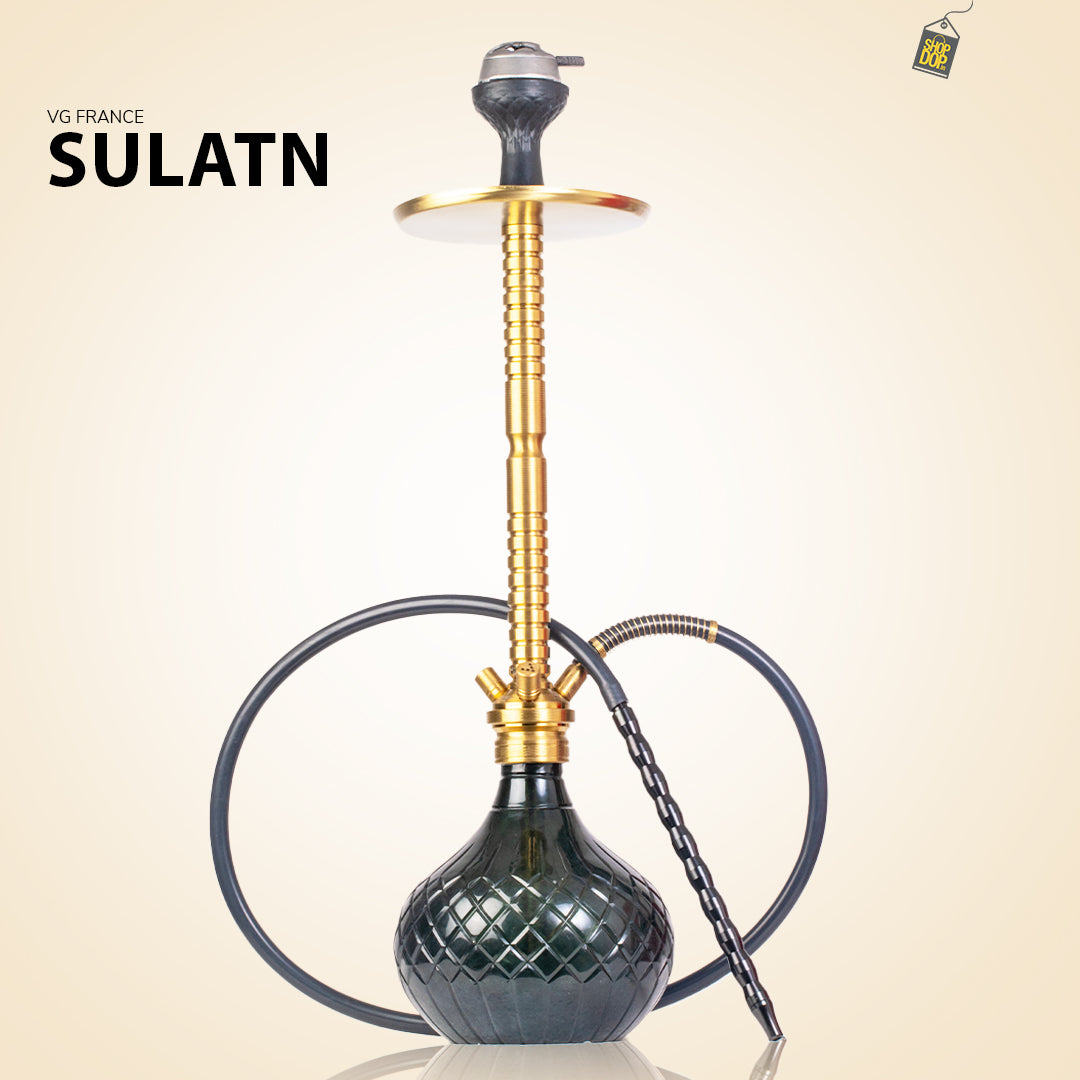 Sultan Heygan Hookah with 2 Bags - Black Round Base / Gold Stem