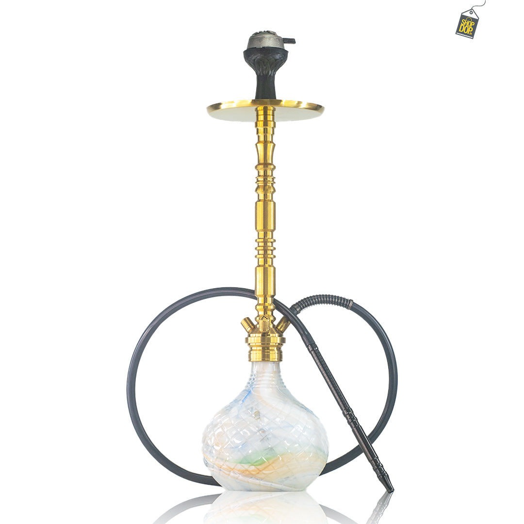 Sultan Orchan Hookah with 2 Bags - White Round Base / Golden Stem