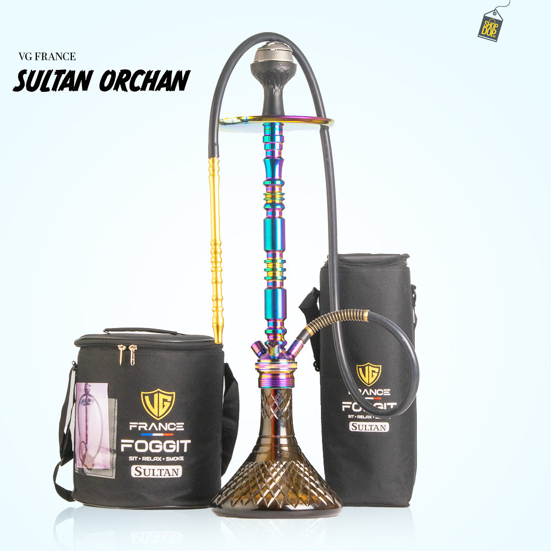 Sultan Orchan Hookah with 2 Bags - Grey Base / Rainbow Stem