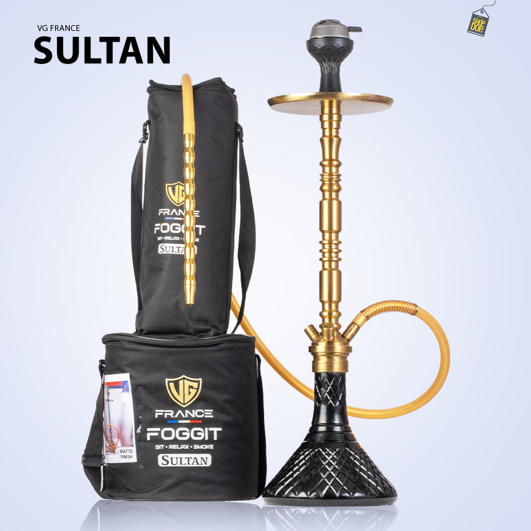 Sultan Orchan Hookah with 2 Bags - Black Base / Golden Stem