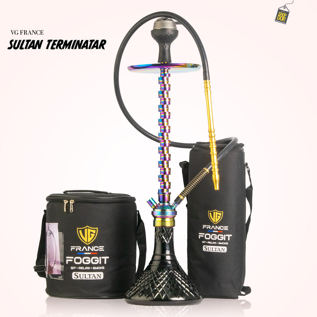 Terminator Hookah with 2 Bags - Black Base / Rainbow Stem