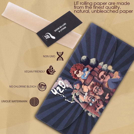 LIT 420 Double Booklet Organic Unbleached Brown Rolling Paper & Tips - Box of 14 Packs