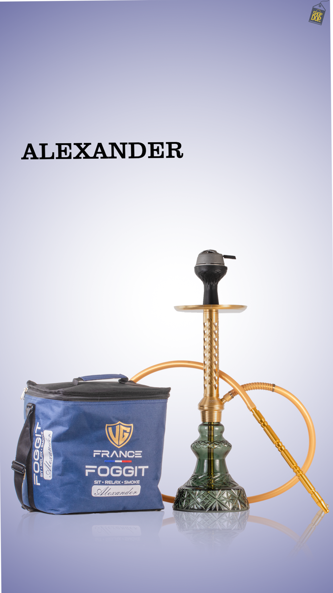 Alexander HRT Hookah with Bag - Gold Stem / Aqua Carafe Base