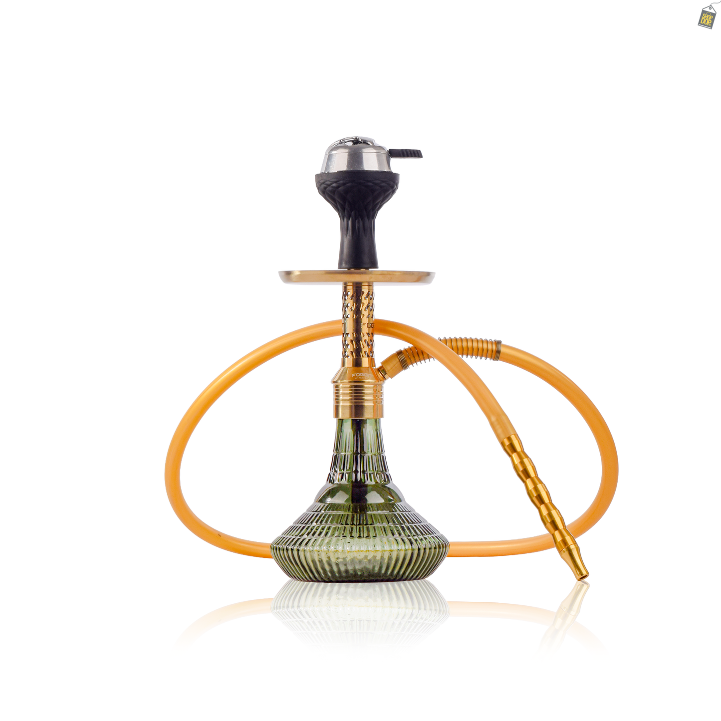 Dark Knight Slash Hookah with Bag - Gold Stem / Emerald Green (Ribbed) Base