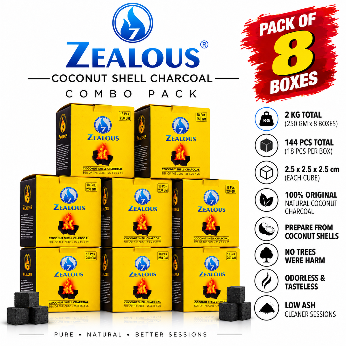 Pack of 2kg - Zealous Coconut Coal (250g x 8) - 18 pcs Each