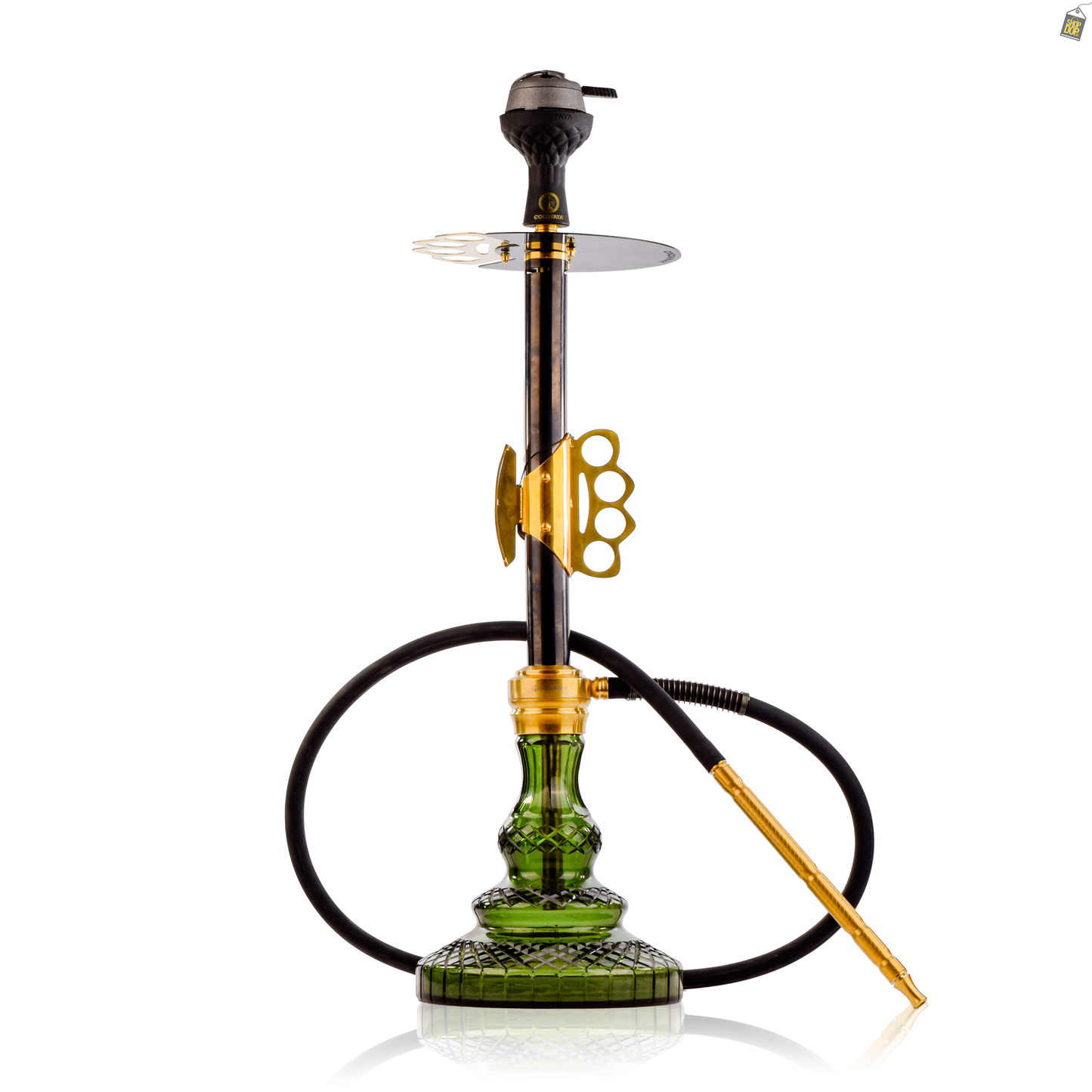 Knuckler Hookah - Golden Stem / Emerald Green Base with Grey bag