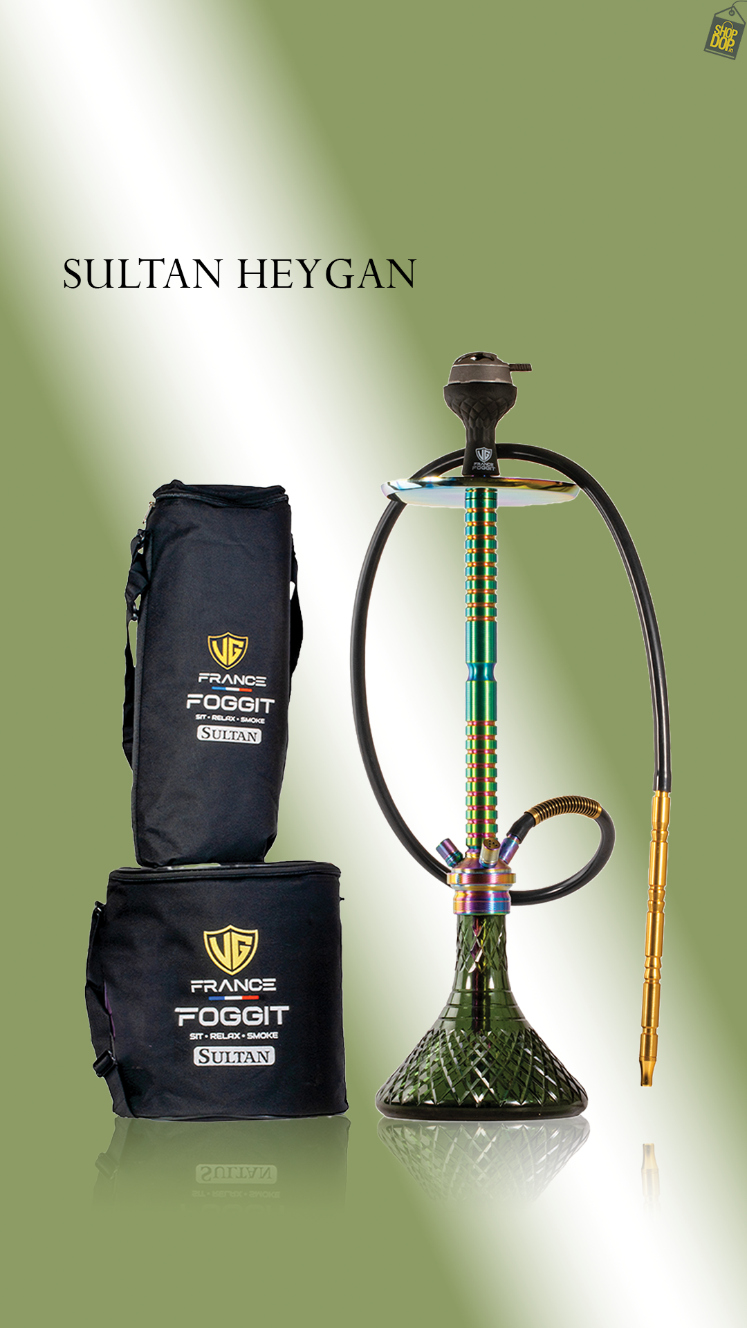 Sultan Heygan Hookah with 2 Bags - Rainbow Stem / Emerald Green Base