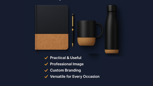 Executive gift set promotional graphic showing a notebook, pen, mug, and bottle with text highlighting benefits like practical use, professional image, custom branding, and versatility.