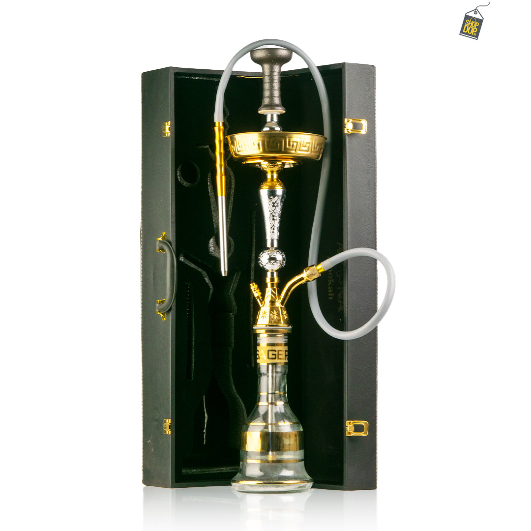 Avana Large Khalil Hookah V Design with Case - Silver Stem / Transparent Base