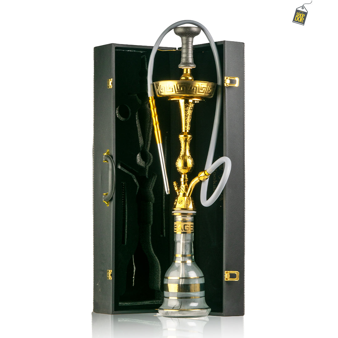 Avana Large Khalil Hookah V Design with Case - Gold Stem / Transparent Base