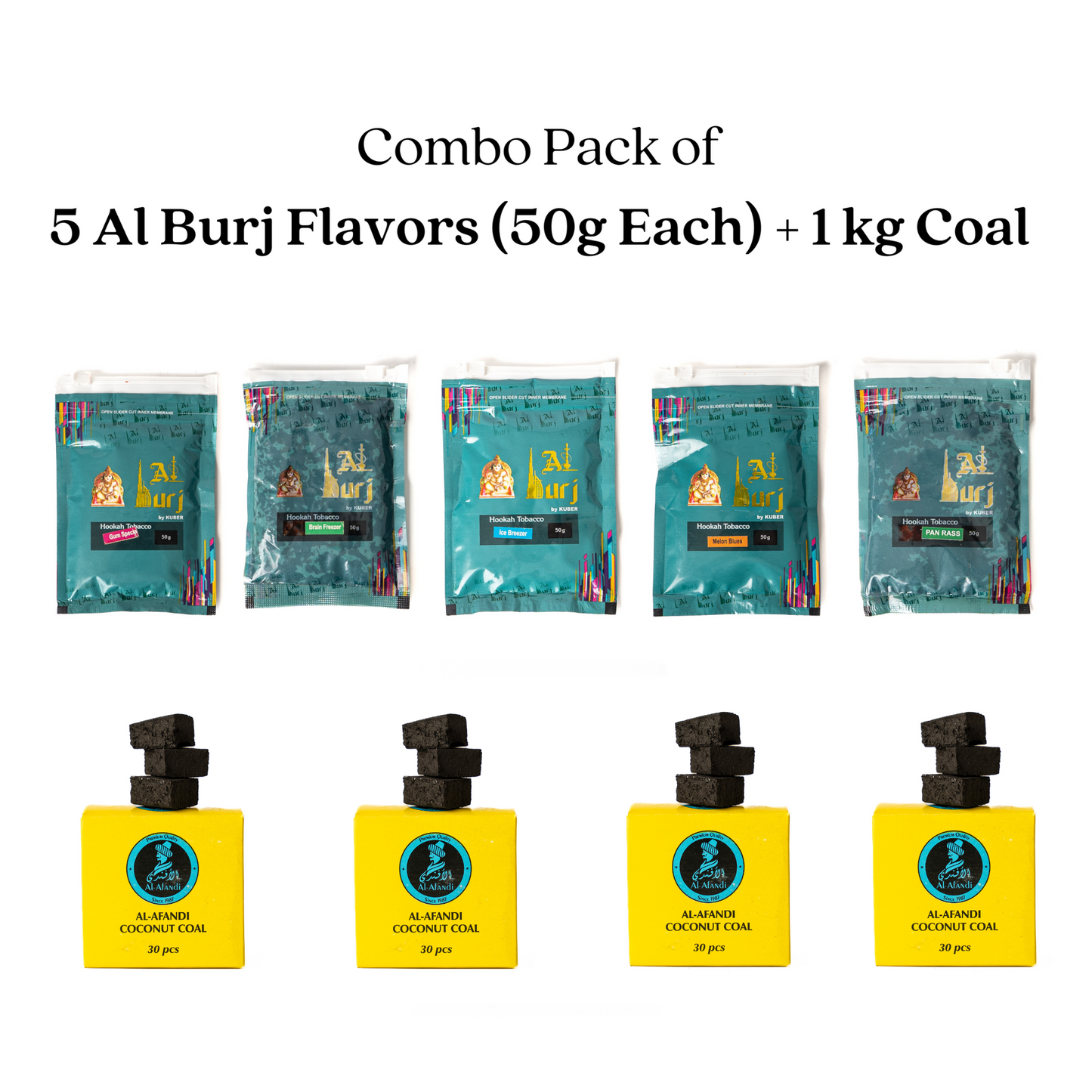 Al Burj Flavors (Pack of 5) + 1 KG Al Afandi Coconut Coal