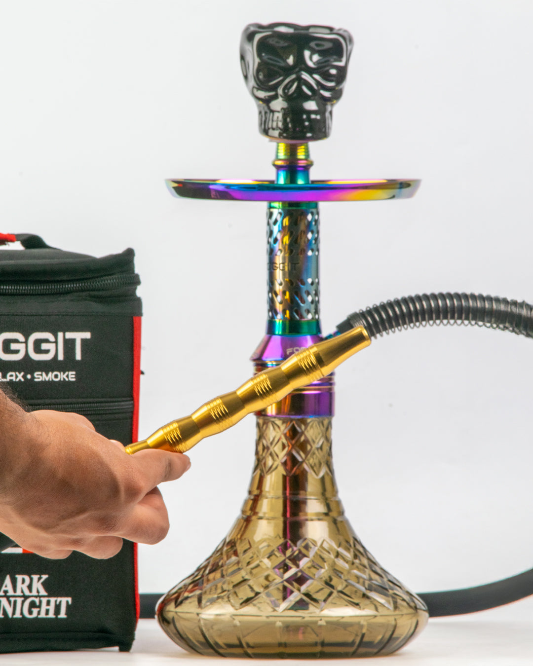 Dark Knight Hookah with Bag - Rainbow Stem / Grey Base