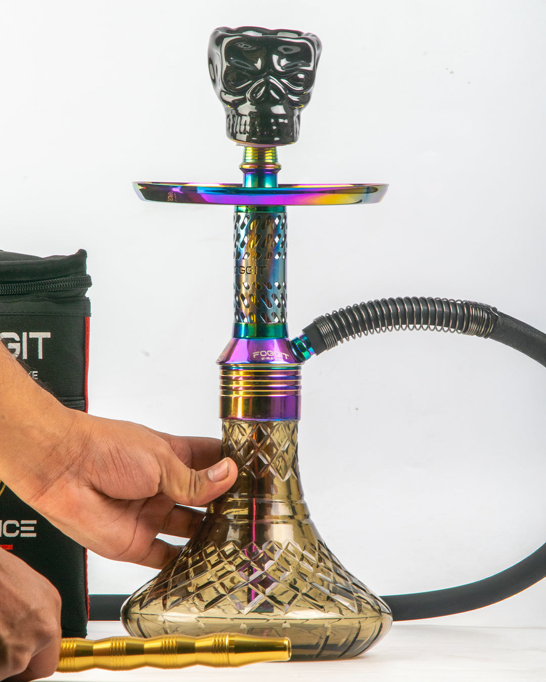 Dark Knight Hookah with Bag - Rainbow Stem / Grey Base