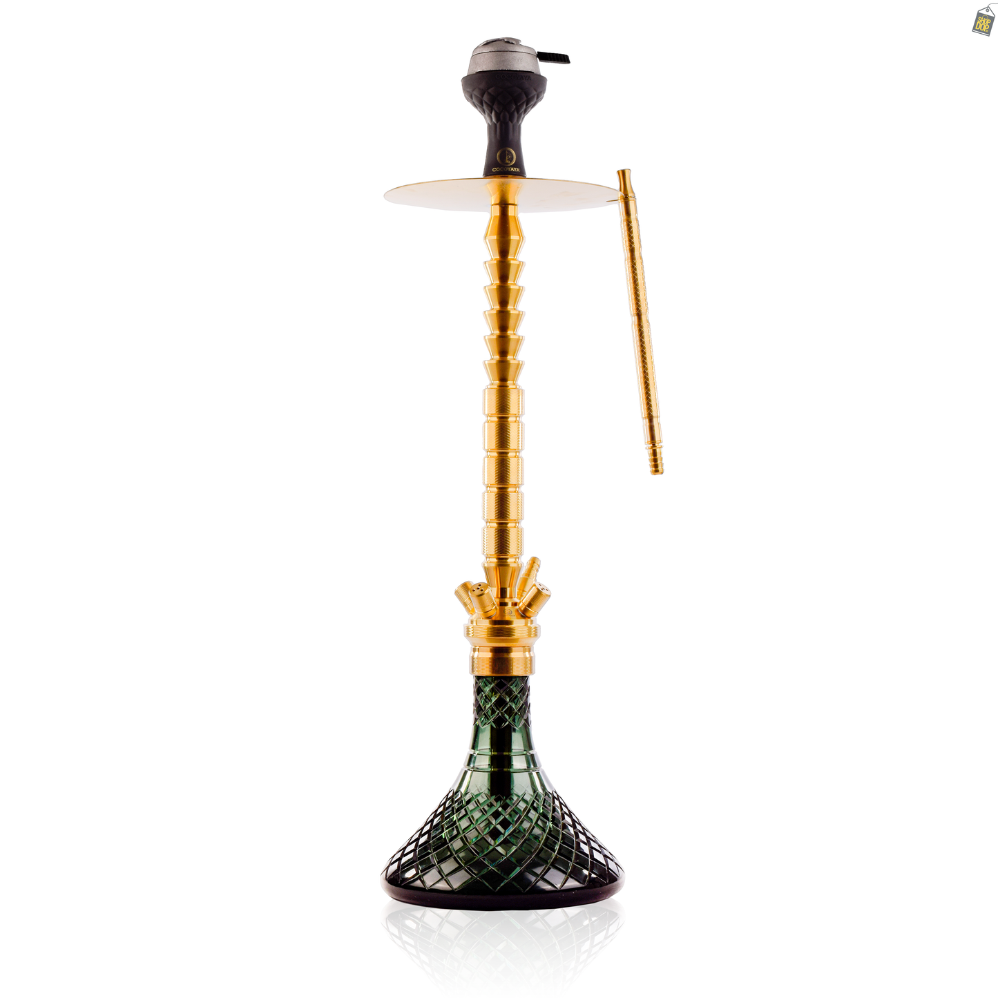 COCOYAYA King Series Heygan Hookah with Black Bag - Gold Stem / Emerald Green Base