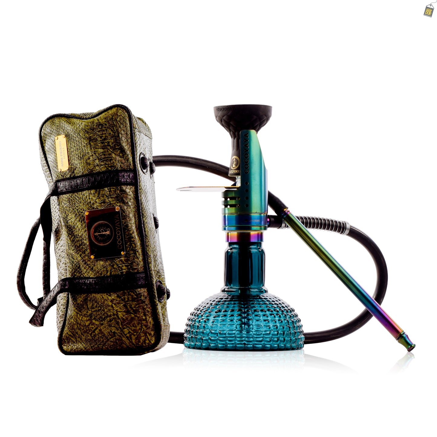 COCOYAYA Mini Ferro Hookah with Green Bag - Rainbow Stem / Ocean Aura Base