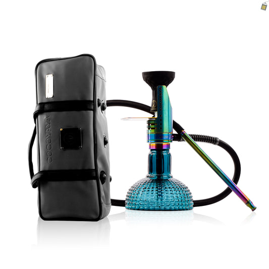 COCOYAYA Mini Ferro Hookah with Light Grey Bag - Rainbow Stem / Ocean Aura Base