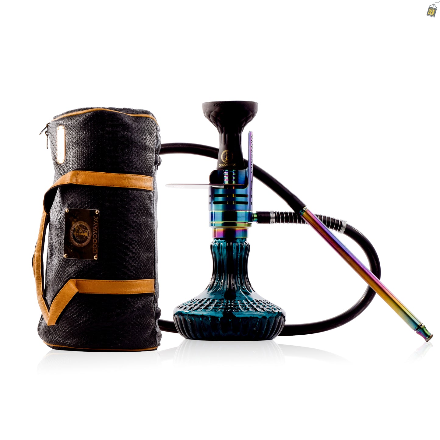 COCOYAYA Mini Ferro Hookah with Black Bag - Rainbow Stem / Royal Teal Base