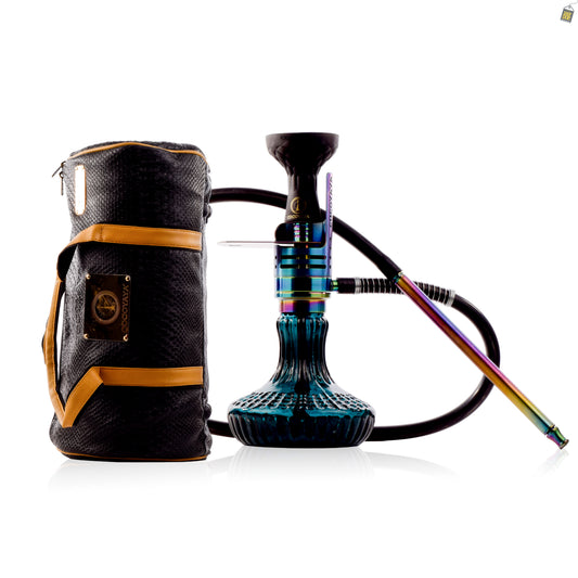 COCOYAYA Mini Ferro Hookah with Black Bag - Rainbow Stem / Royal Teal Base
