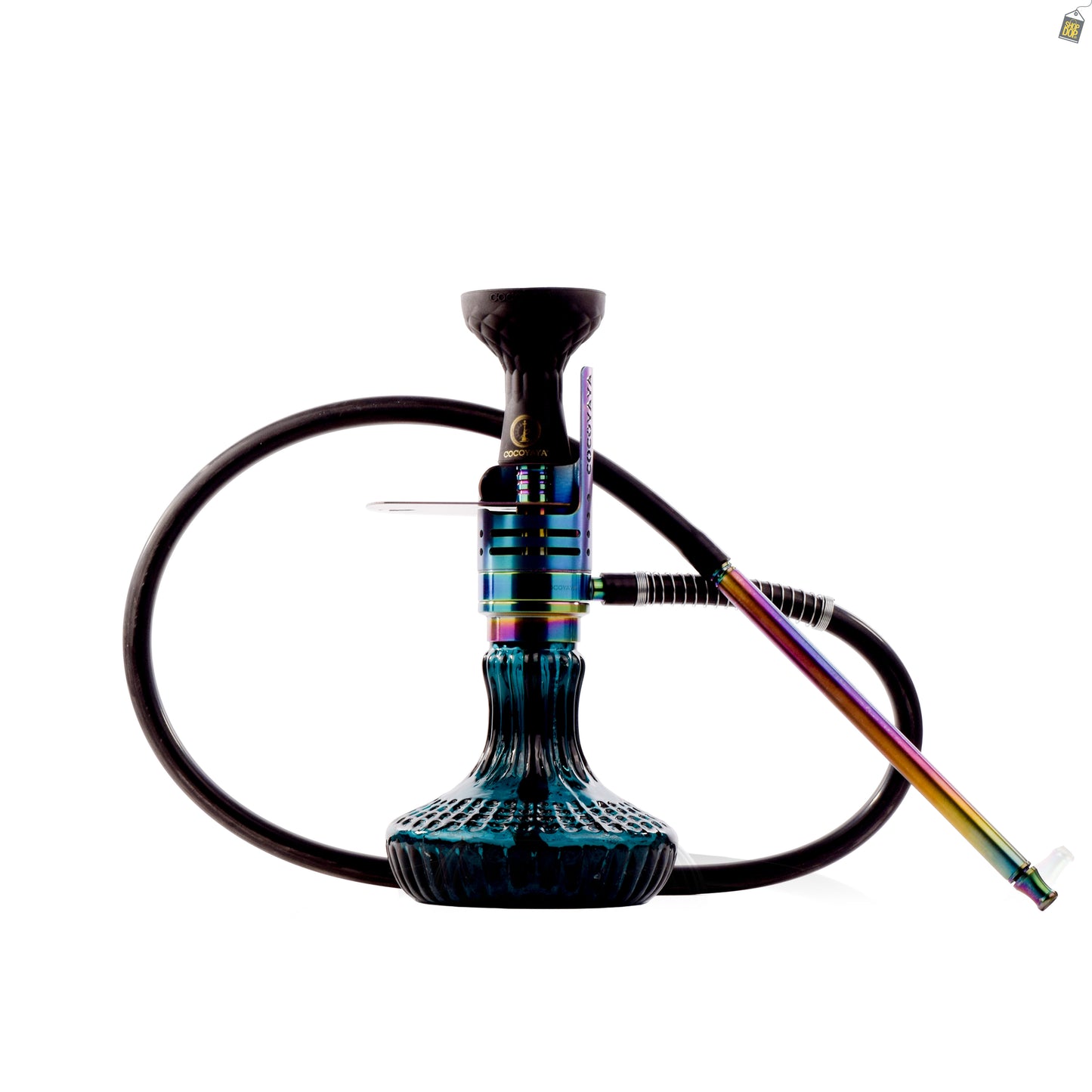 COCOYAYA Mini Ferro Hookah with Black Bag - Rainbow Stem / Royal Teal Base