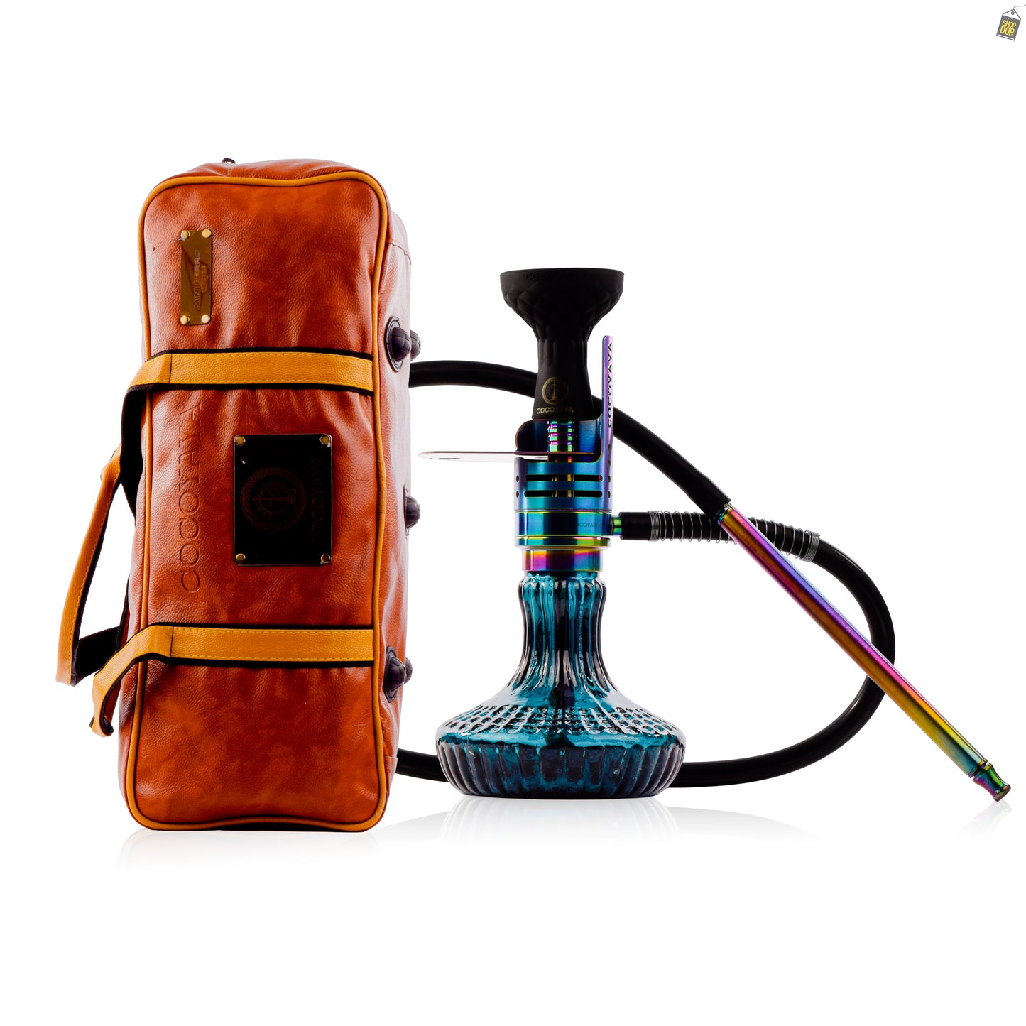 COCOYAYA Mini Ferro Hookah with Rustic Brown Bag - Rainbow Stem / Royal Teal Base