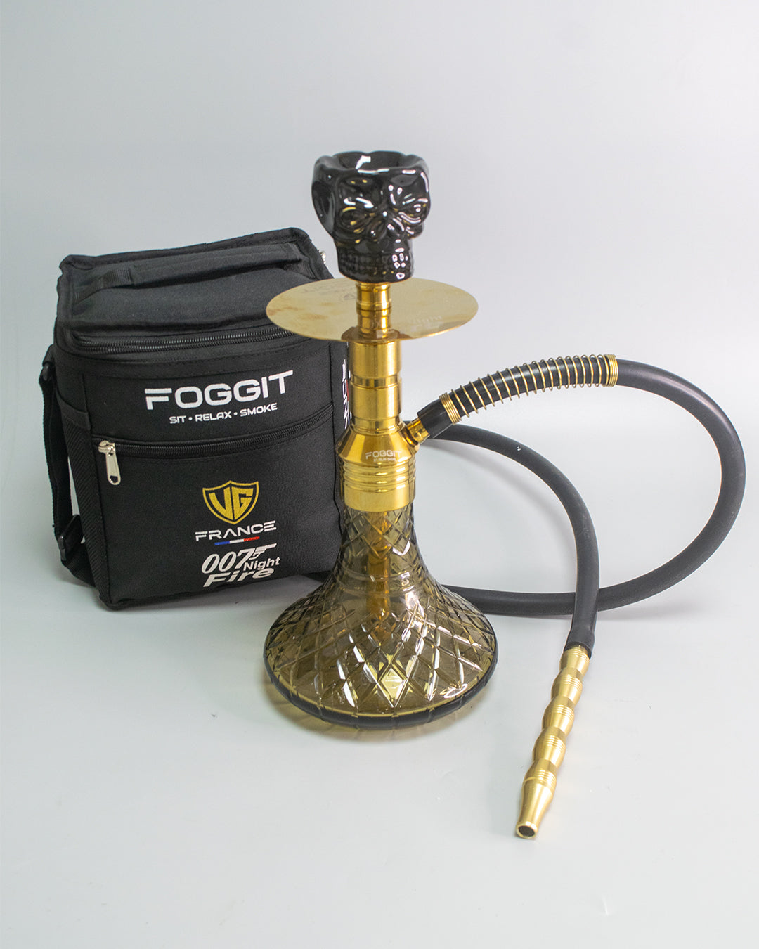 Noddy 007 Night Fire Hookah with Bag - Gold Stem / Grey Base