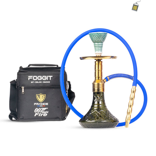 Noddy 007 Night Fire Hookah with Bag - Gold Stem / Green Base
