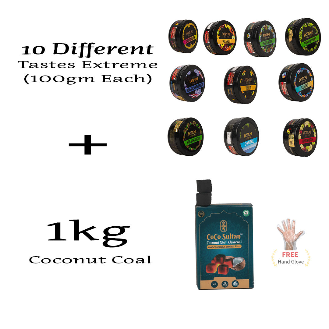 Combo - 10 Different Flavors by Extreme (100g Each) + 1 kg Coconut Coal