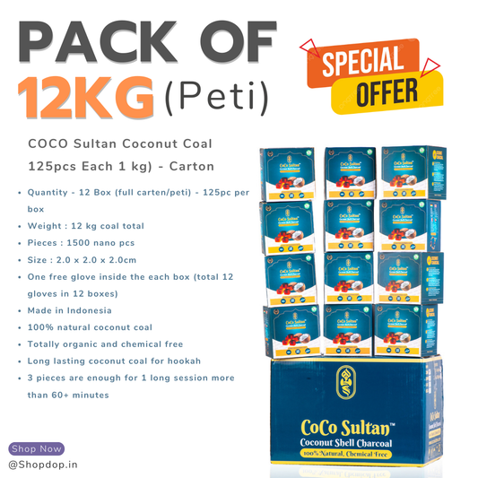 Pack of 12kg (Peti) - COCO Sultan Coconut Coal (125pcs Each 1 kg) - Carton