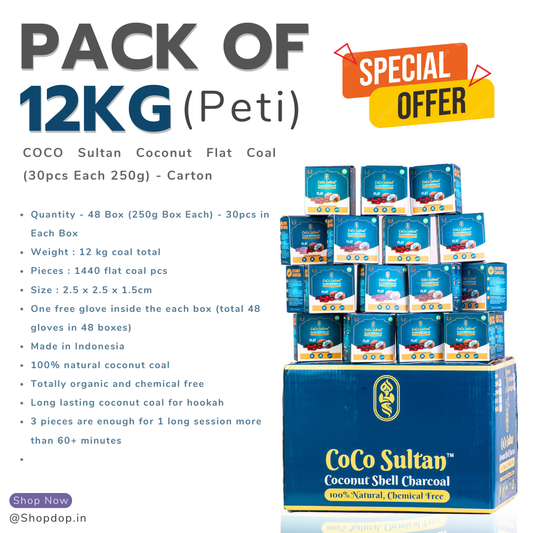 Pack of 12kg (Peti) - COCO Sultan Coconut Flat Coal (30pcs Each 250g) - Carton