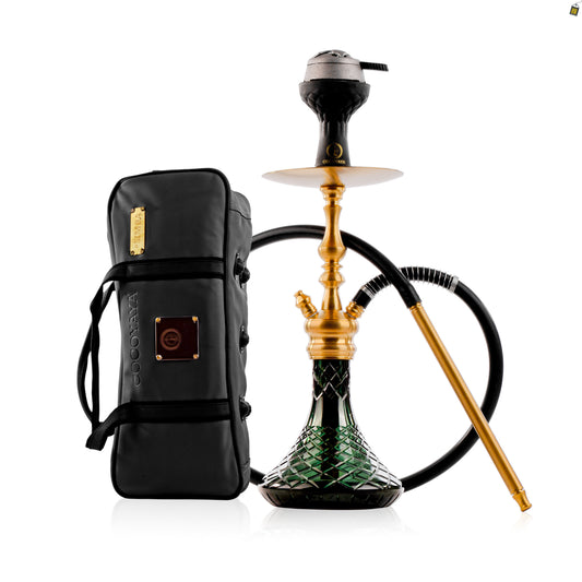 COCOYAYA Simba Hookah with Dark Grey Bag - Gold Stem / Emerald Green Base