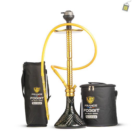 Sultan Heygan Hookah with 2 Bags - Black Base / Gold Stem