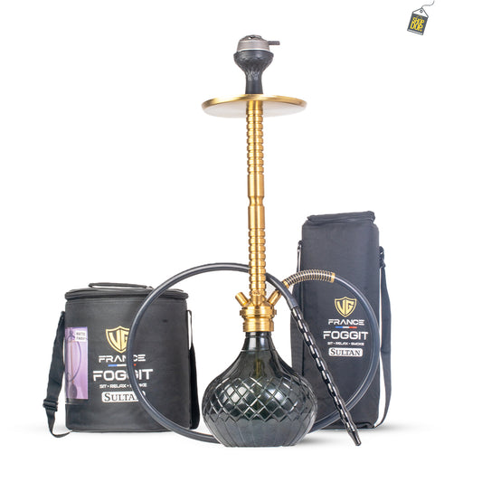 Sultan Heygan Hookah with 2 Bags - Black Round Base / Gold Stem