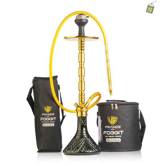 Sultan Orchan Hookah with 2 Bags - Black Base / Golden Stem