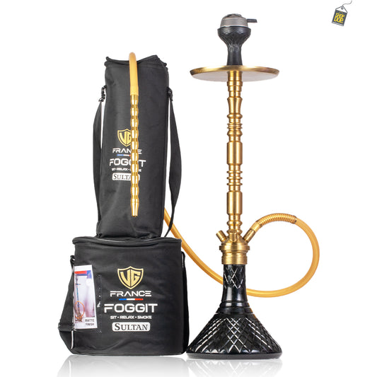 Sultan Orchan Hookah with 2 Bags - Black Base / Golden Stem