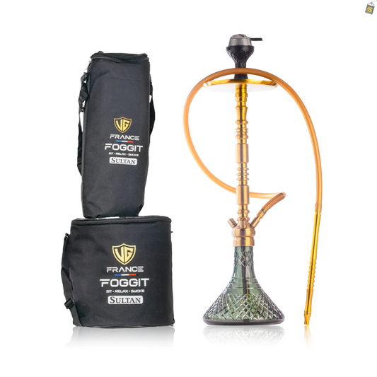 Sultan Orchan Hookah with 2 Bags - Golden Stem / Emerald Green Base