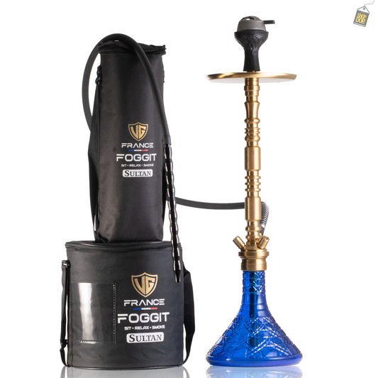 Sultan Orchan Hookah with 2 Bags - Golden Stem / Blue Base