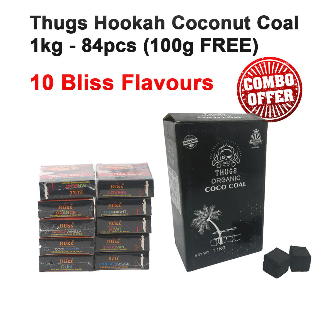 Combo - 1kg (84pcs) Hookah Coal + Bliss Flavors (Pack of 10)