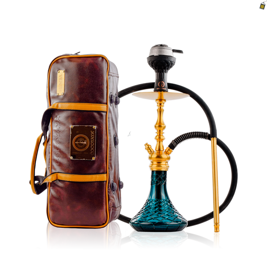COCOYAYA Simba Hookah with Dark Brown Bag - Gold Stem / Ocean Green Base
