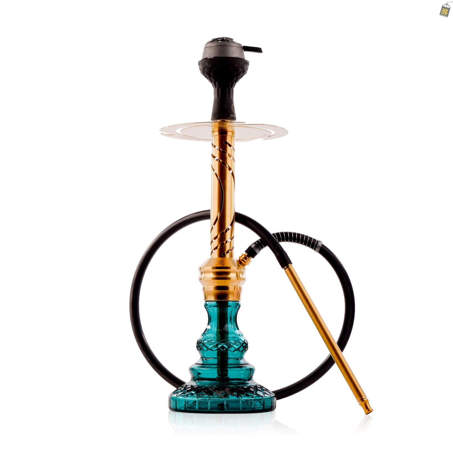 COCOYAYA Valeria Flame Hookah with Pink Bag - Gold Stem / Aqua Base