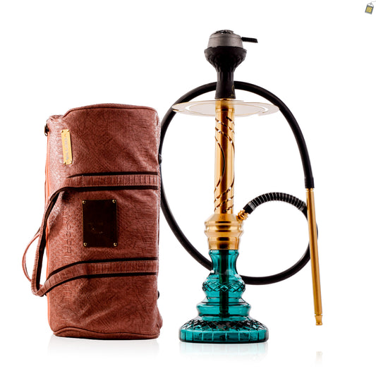 COCOYAYA Valeria Flame Hookah with Pink Bag - Gold Stem / Aqua Base
