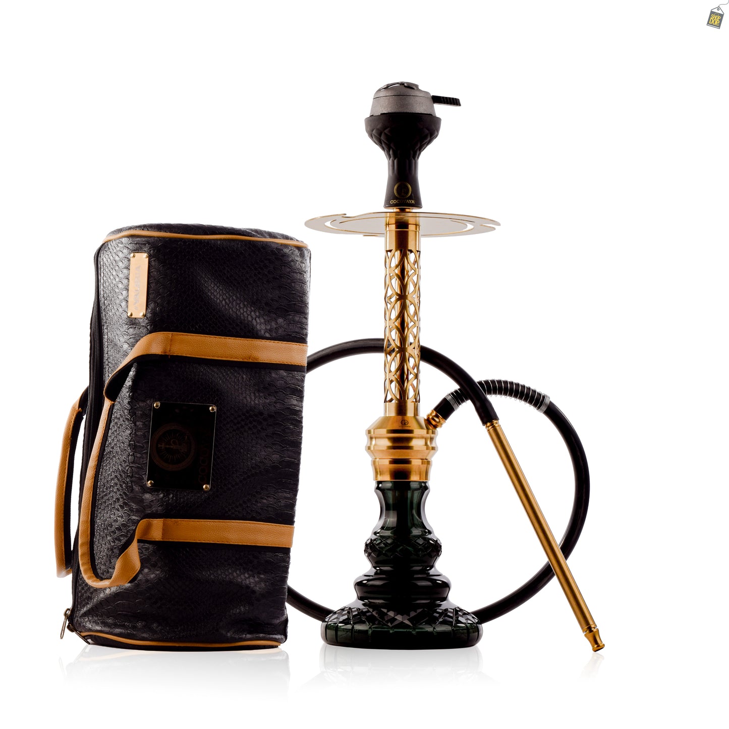 COCOYAYA Valeria Mughal Hookah with Black Bag - Gold Stem / Emerald Green Base