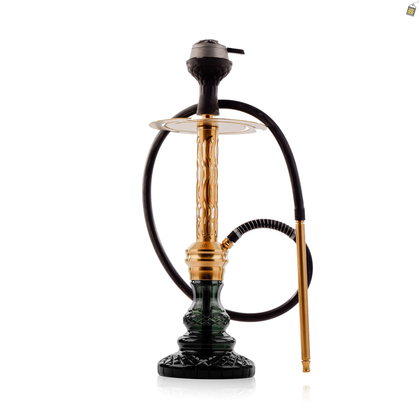 COCOYAYA Valeria Wave Hookah with Pink Bag - Gold Stem / Emerald Green Base