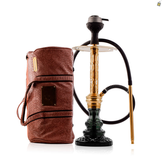 COCOYAYA Valeria Wave Hookah with Pink Bag - Gold Stem / Emerald Green Base
