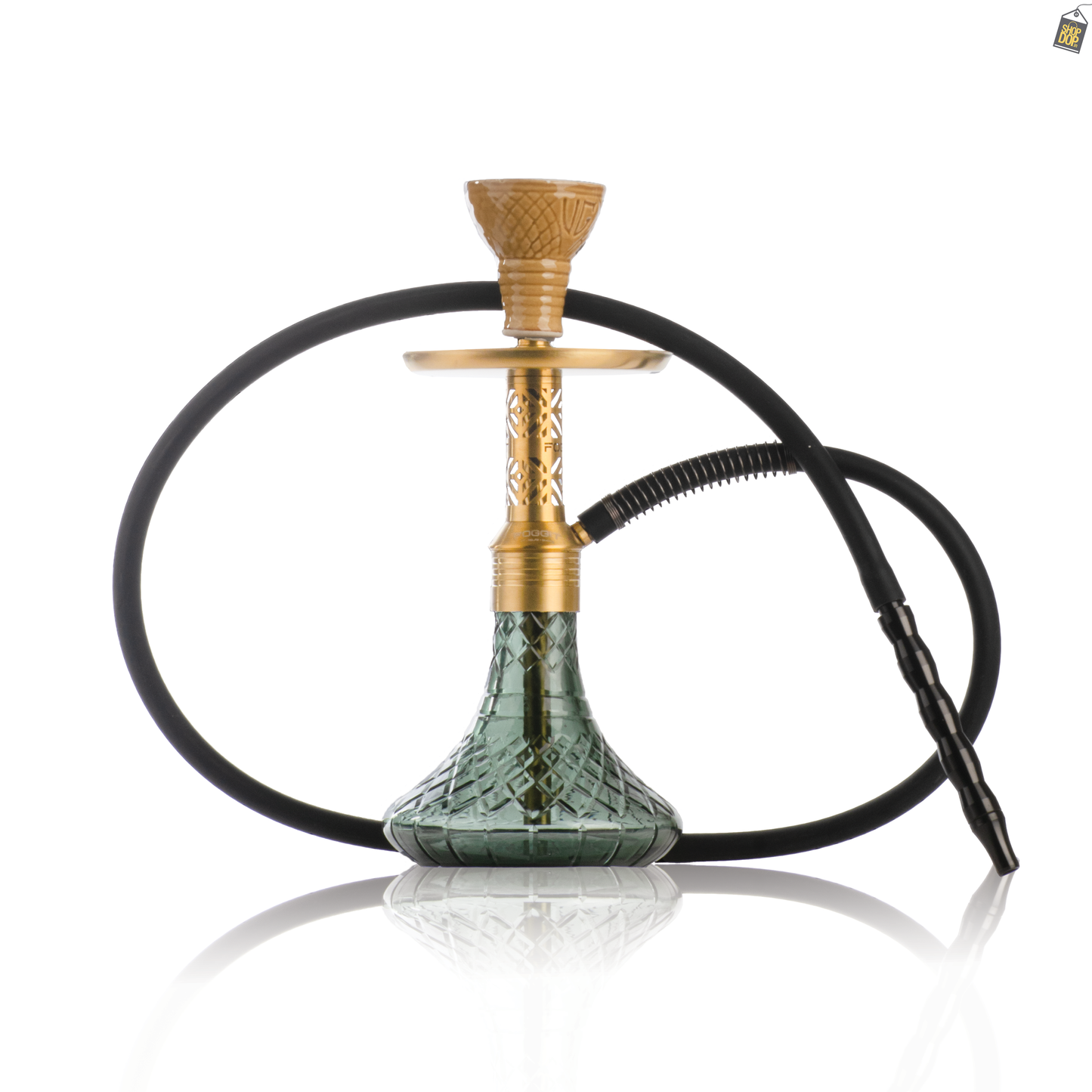 Dark Knight Gem Hookah with Bag - Gold Stem / Emerald Green Base