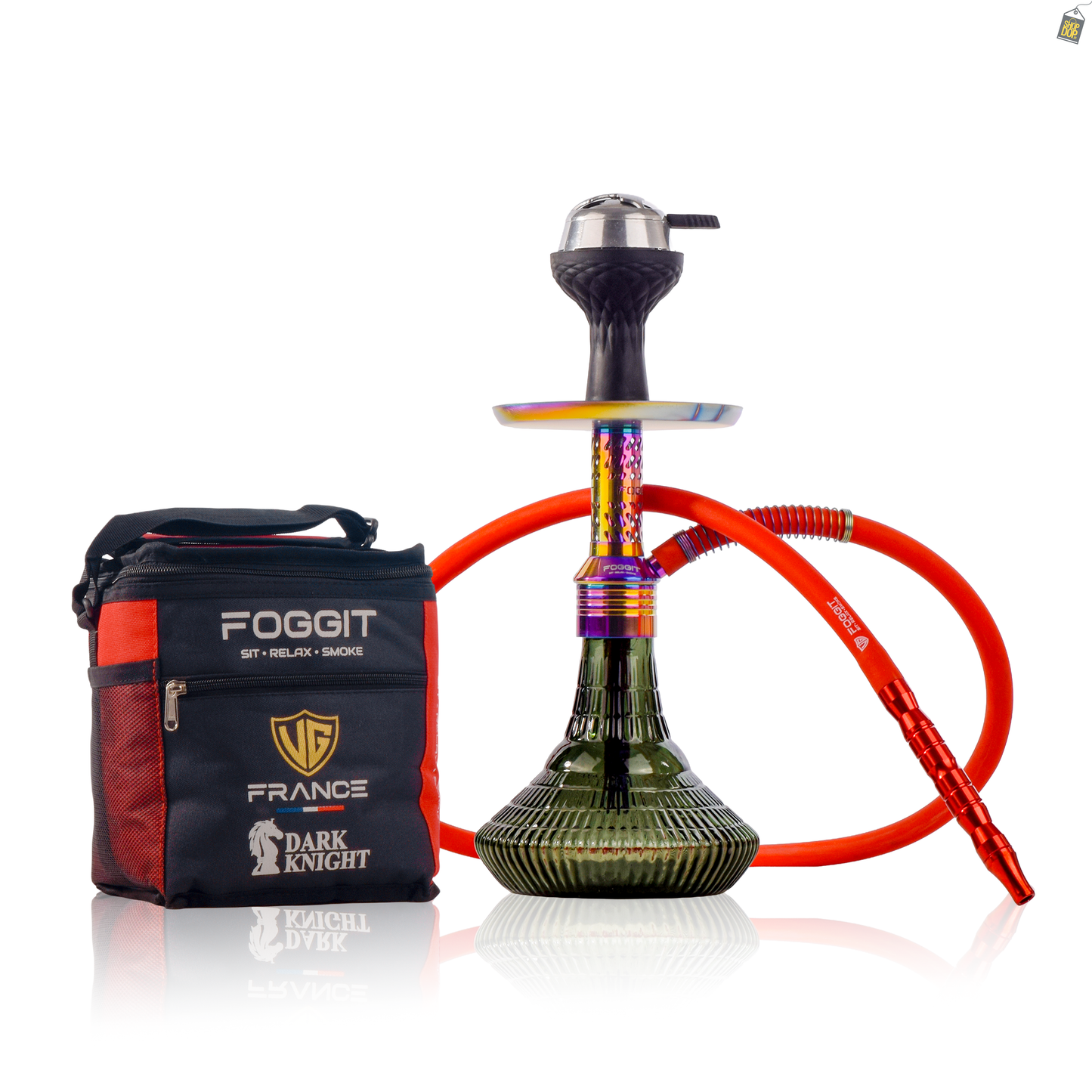 Dark Knight Slash Hookah with Bag - Rainbow Stem / Emerald Green Base