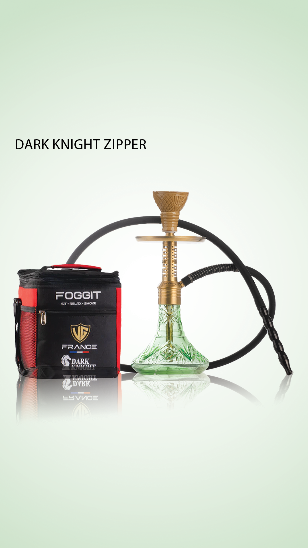 Dark Knight Zipper Hookah with Bag - Gold Stem / Light Green Base