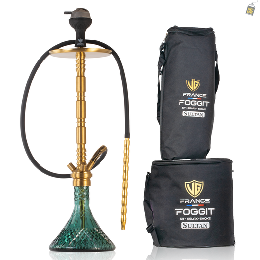 Sultan Evans Hookah with 2 Bags - Gold Stem / Aqua Base