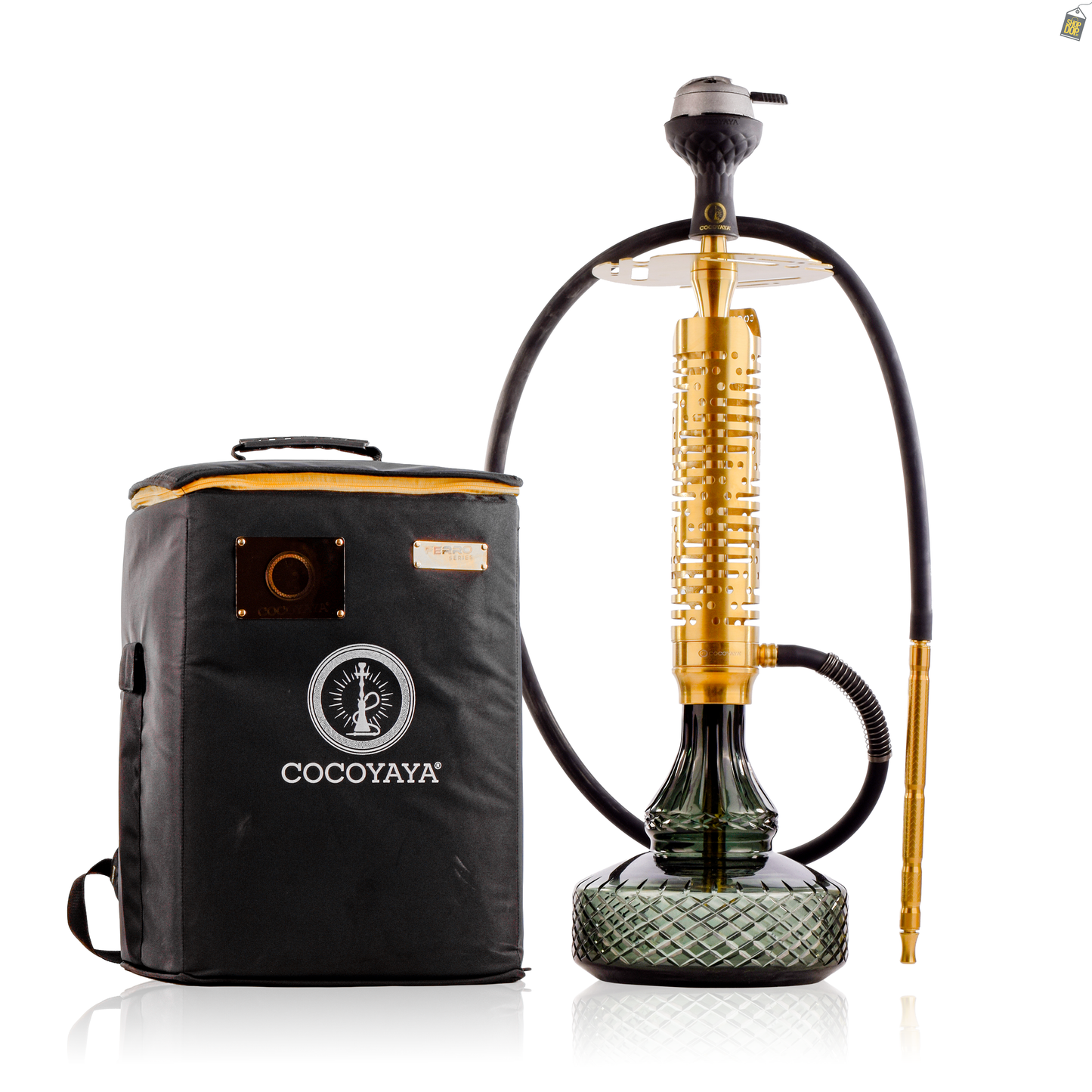 COCOYAYA Vivanta Zipper Hookah (Ferro Series) - Gold Stem / Emerald Green Base with bag